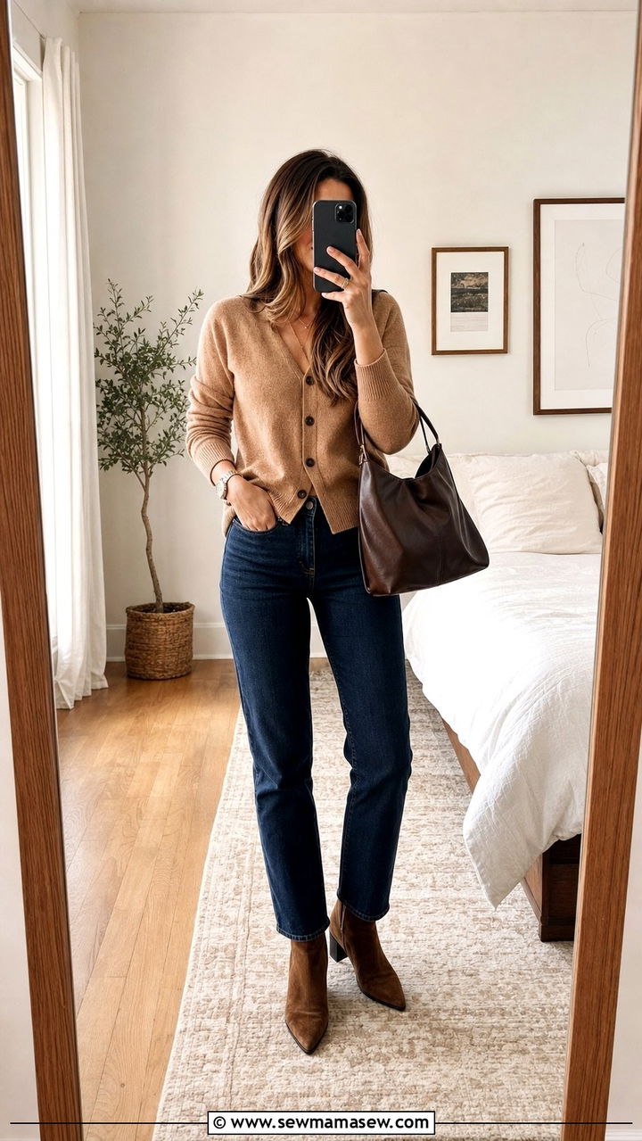 Dark wash denim with a cashmere cardigan - 25 Empty nester outfit ideas