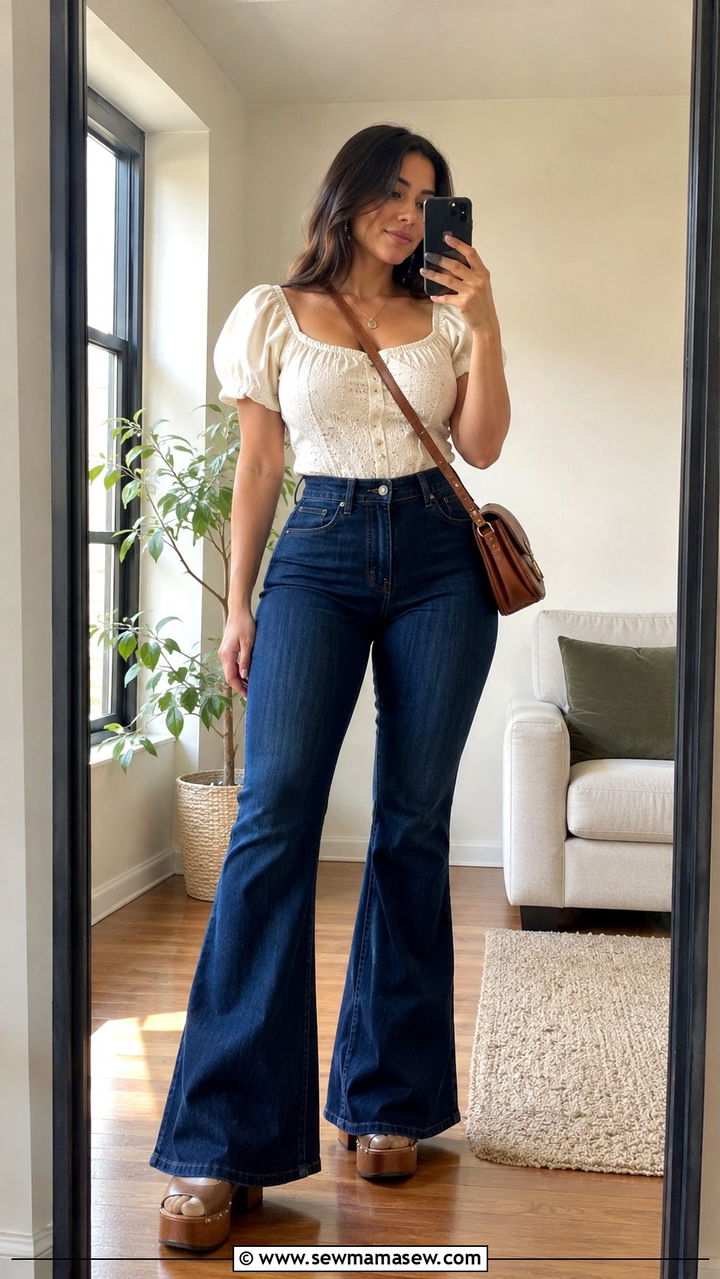Dark wash flare jeans with puff sleeve top - 25 outfit ideas for women with wide hips