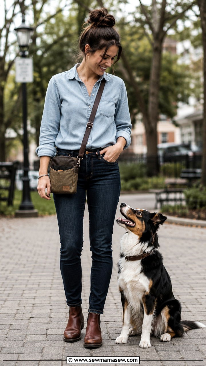 Dark wash jeans and chambray shirt dog trainer outfit - 30 Dog trainer outfit ideas