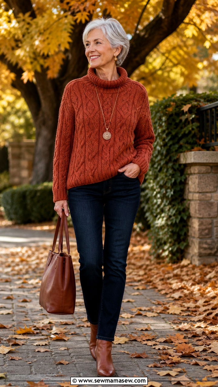 Dark wash jeans and chunky knit sweater outfit for women over 65 - 30 Outfit ideas for women over 65