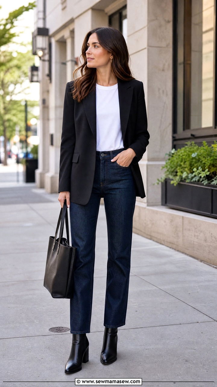 Dark wash jeans with a structured blazer - 35 job interview outfit ideas for women