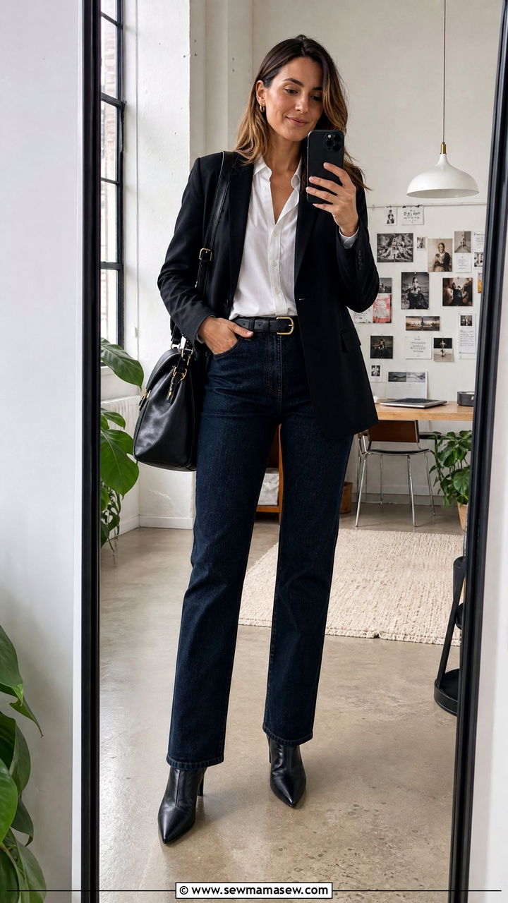 Dark wash jeans with black blazer - 35 Job interview outfits for women