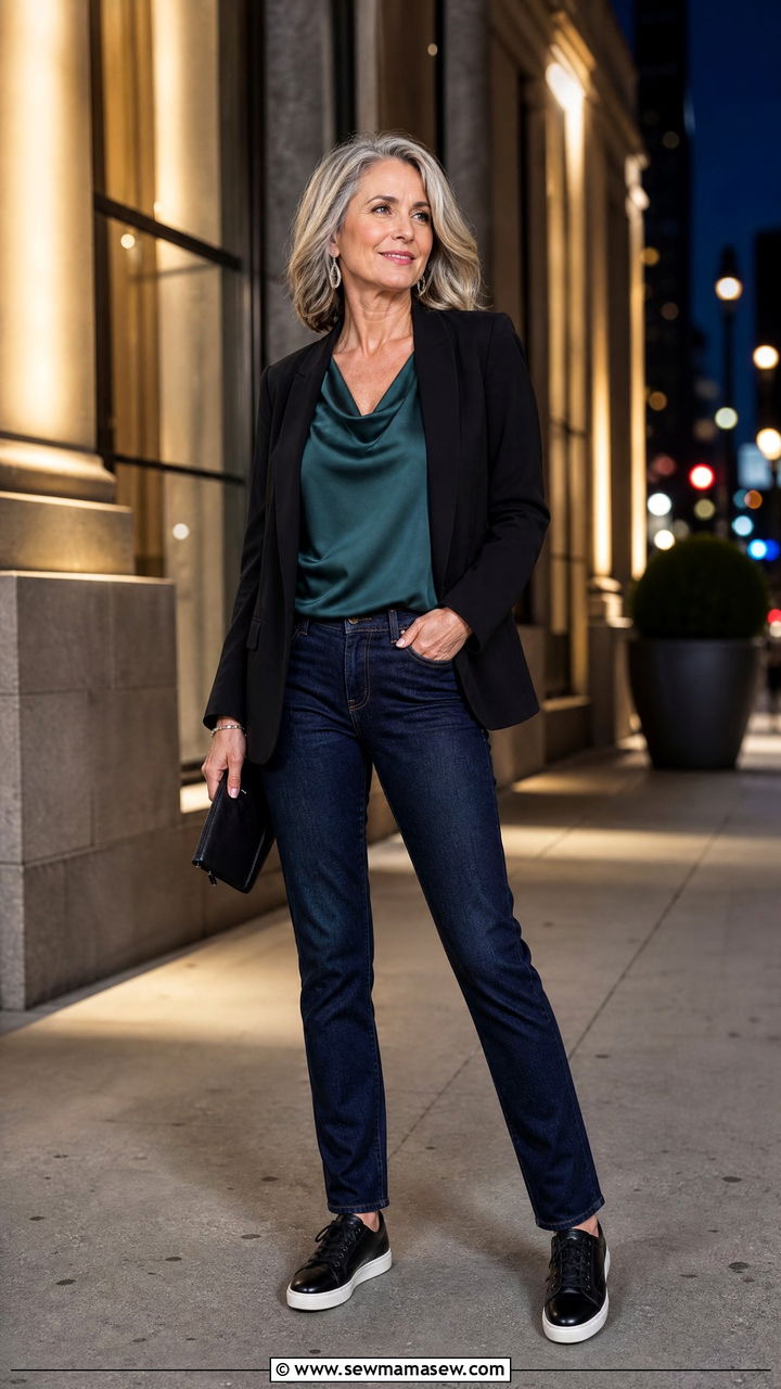 Dark wash jeans with leather sneakers outfit - 35 Jeans and sneakers outfit ideas over 50