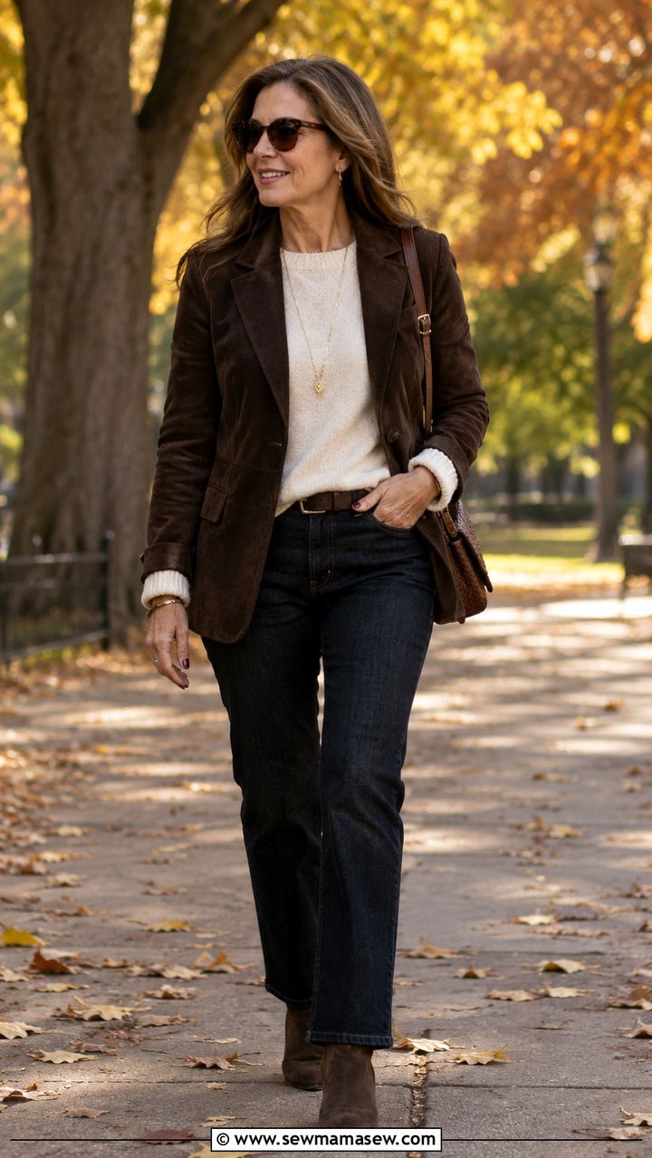 Dark wash jeans with suede blazer - 20 Jeans and blazer outfit ideas over 50