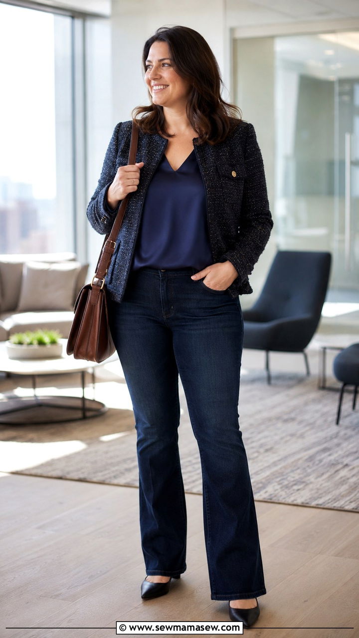 Dark wash jeans with tailored jacket apple shape casual Friday - 25 Outfit ideas for apple shape for work