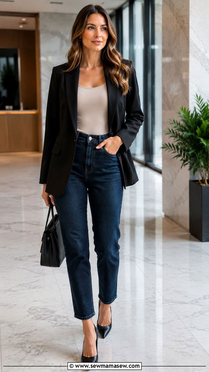 Dark wash mom jeans and pumps - 30 Mom jeans outfit ideas with heels