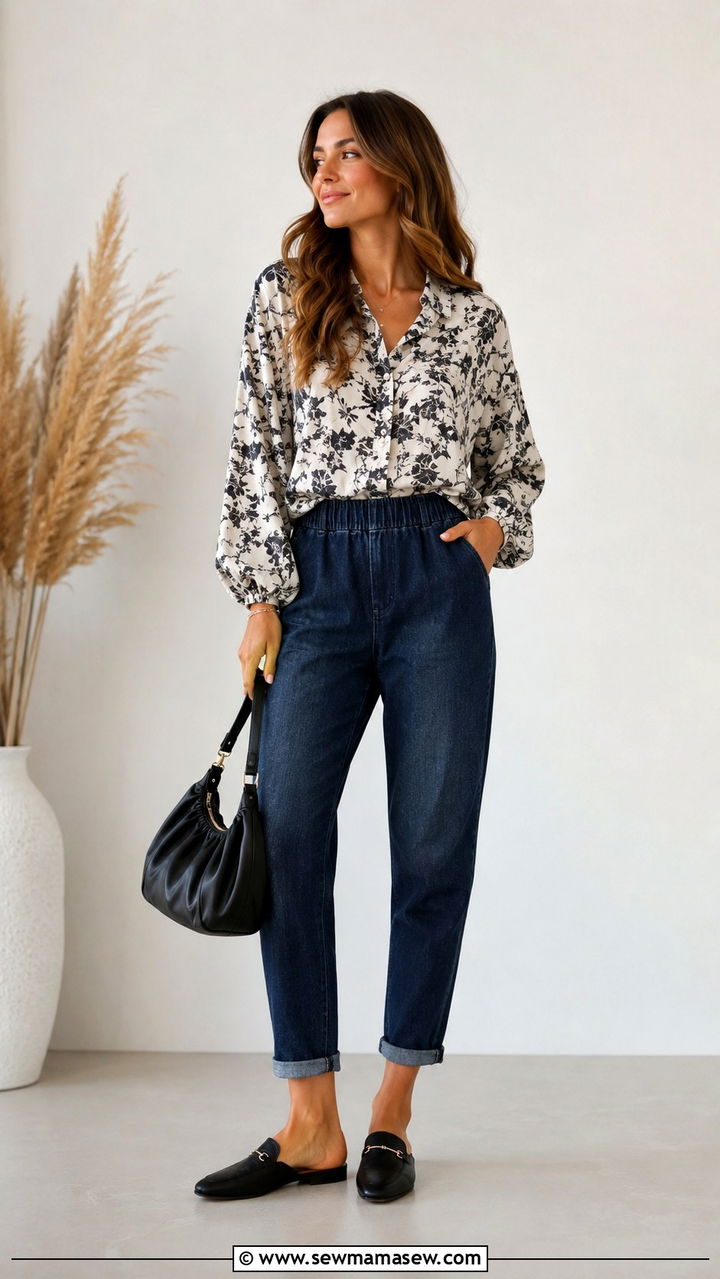 Dark wash mom jeans with a relaxed blouse and mules - 20 Outfit ideas for belly after C section