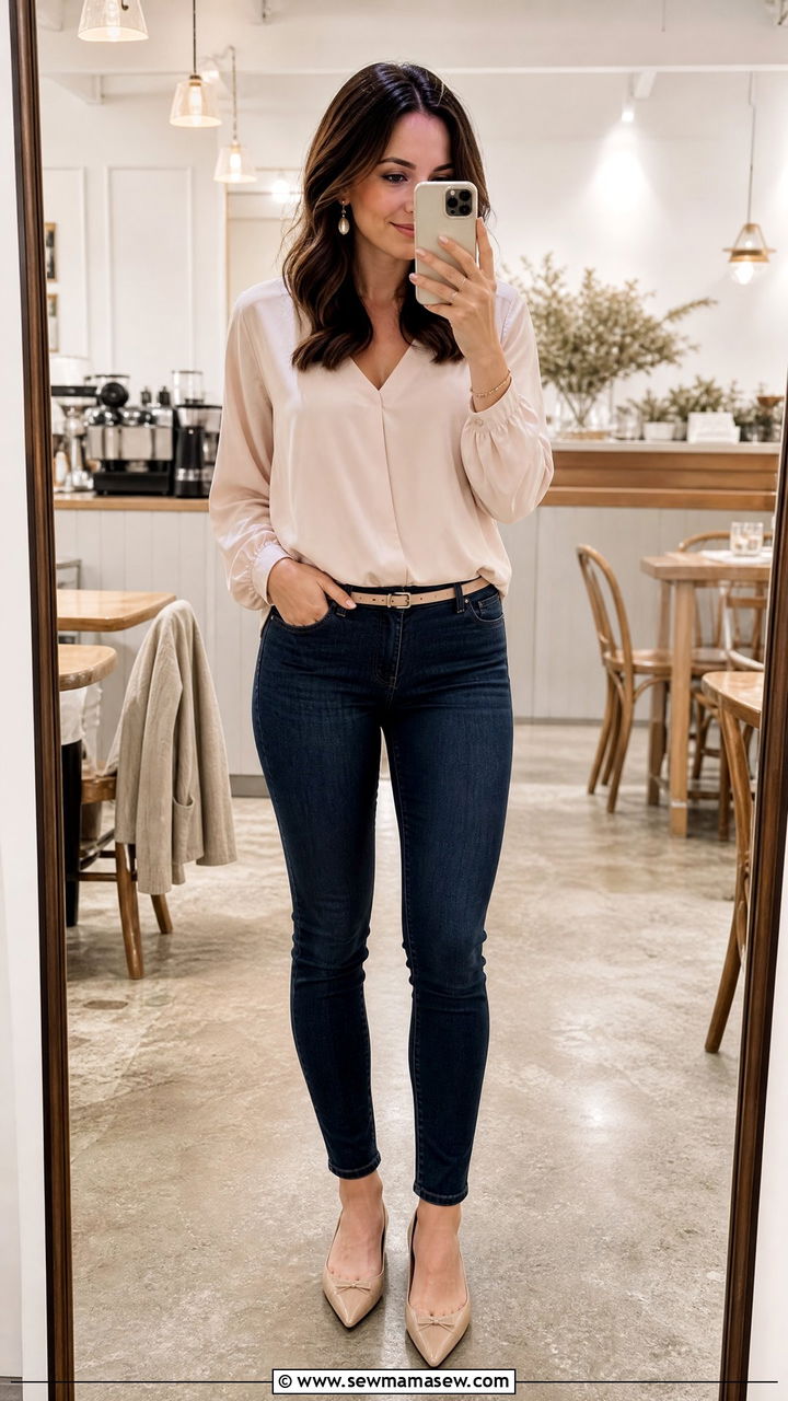Dark wash skinny jeans and V neck blouse - 25 Outfit ideas to look taller