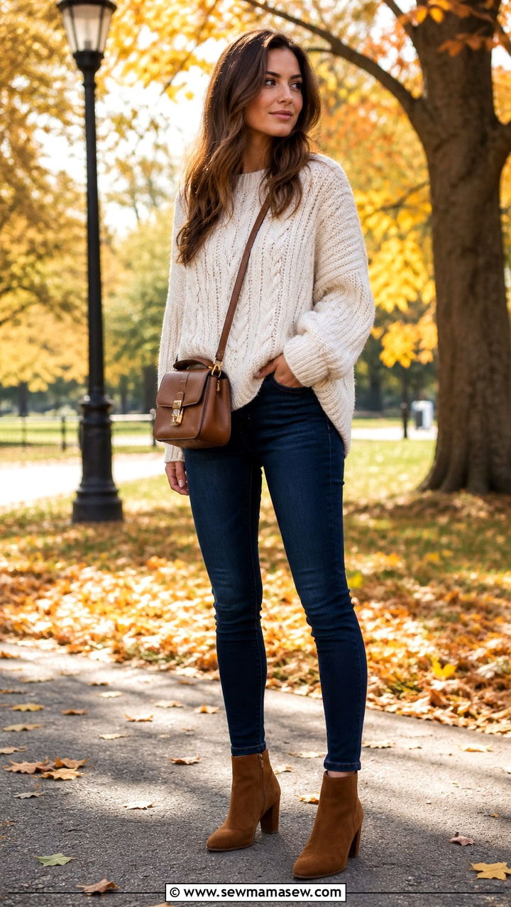 Dark wash skinny jeans with chunky sweater and ankle boots - 40 jeans outfits