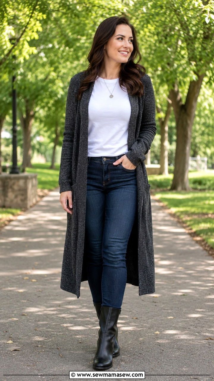 Dark wash skinny jeans with long cardigan and mid calf boots - 25 Outfit ideas for wide calves