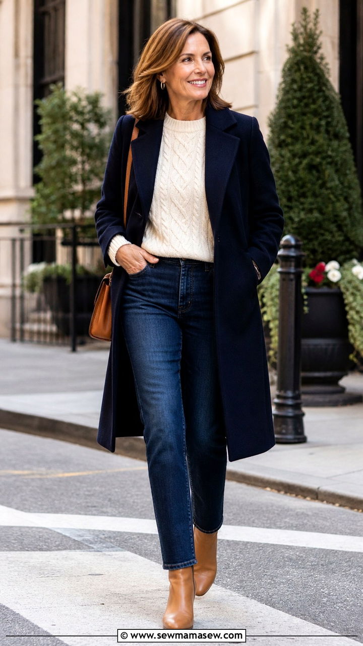 Dark wash straight jeans with camel ankle boots - 20 Jeans and boots outfit ideas over 50