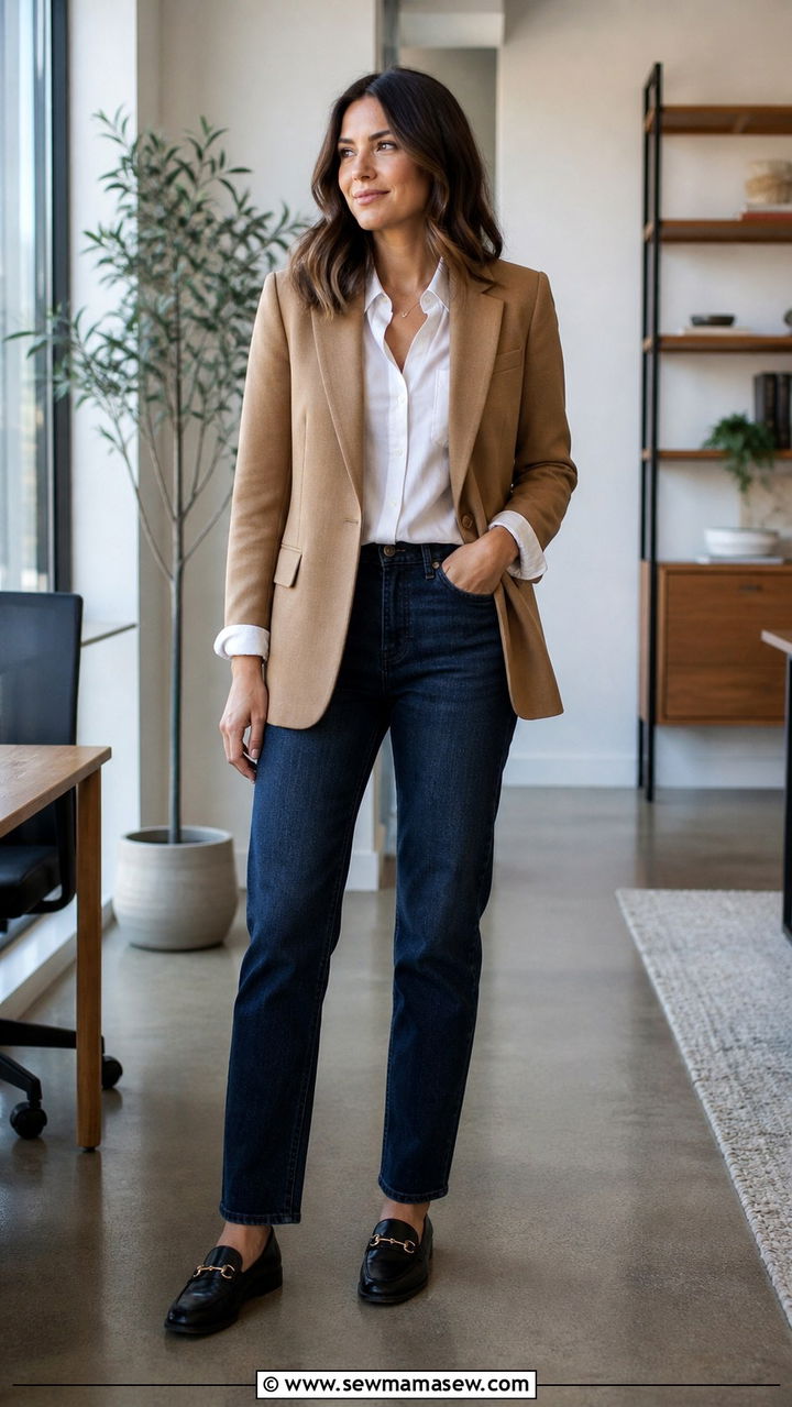 Dark wash straight leg jeans with blazer outfit - 40 office outfits 2026