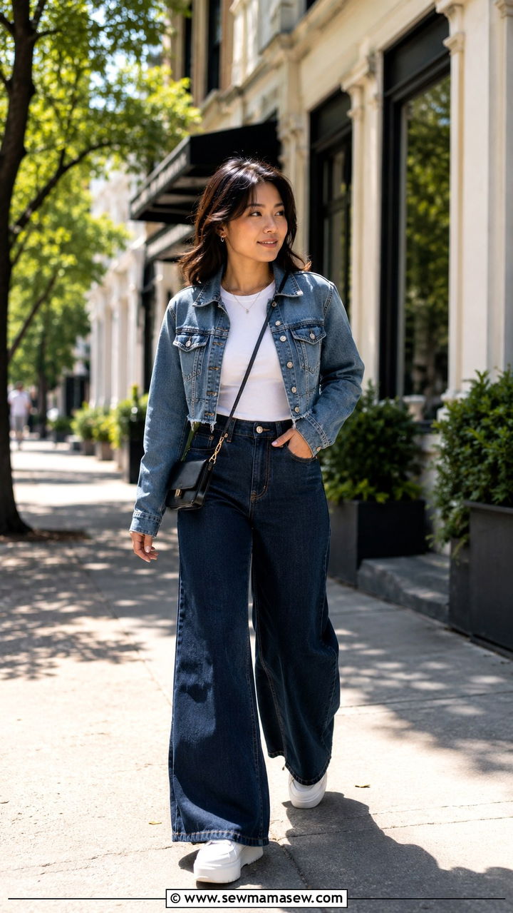 Dark wash wide leg jeans with denim jacket and white sneakers - 25 Petite wide leg pants outfit ideas