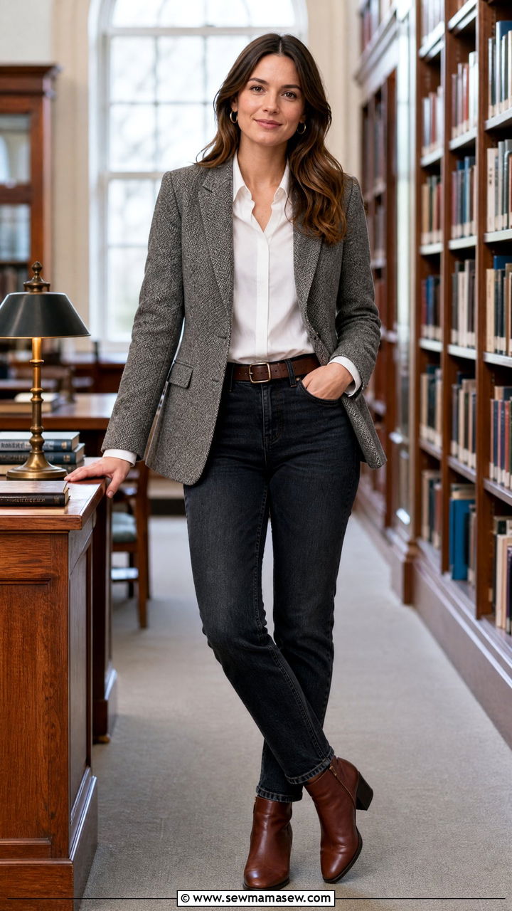 Dark washed jeans with a white blouse and tweed blazer - 35 Librarian outfit ideas for work