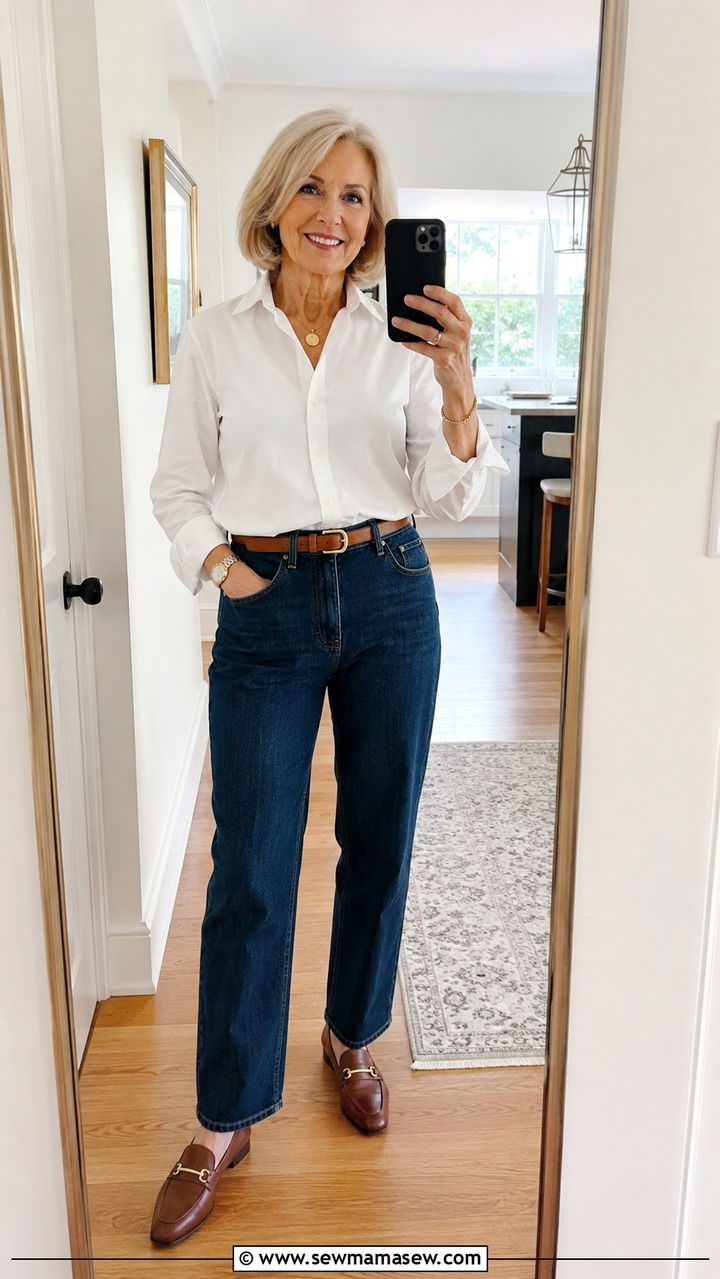DarkWash Jeans With Crisp White ButtonDown - 30 Classy outfits for women over 60