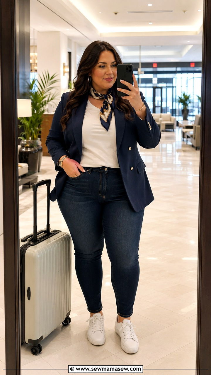 Darkwash jeans with blazer - 30 Travel outfits for plus size
