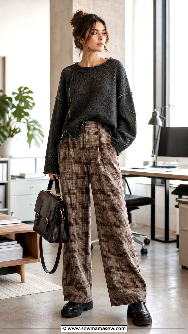 Deconstructed Knit Sweater With Plaid Trousers And Loafers - 40 grunge outfits ideas