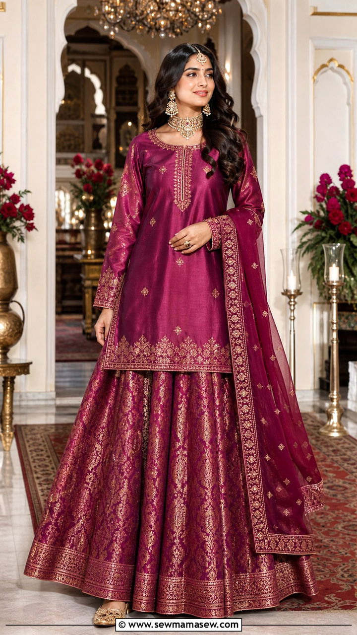 Deep Berry Brocade Lehenga Set - 40 Eid outfit ideas for women
