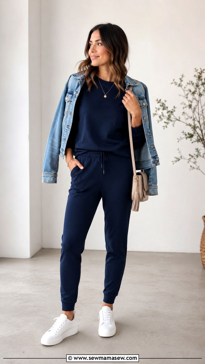 Deep Blue Lounge Set With Minimal White Sneakers - 30 spring sporty chic outfit ideas
