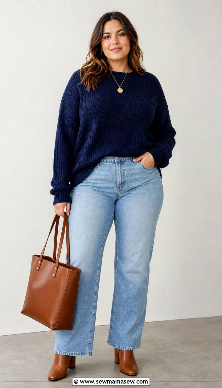 Deep Blue Sweater with Light Wash Jeans - 35 Business casual outfits plus size