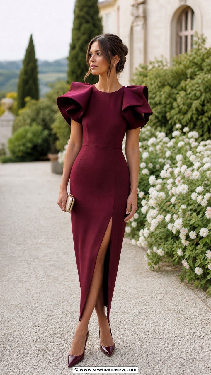 Deep Burgundy Dress With Statement Sleeves - 30 classy spring wedding guest outfit ideas
