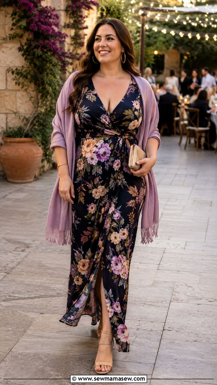 Deep Floral Wrap Maxi Dress With Block Heels - 25 Wedding guest outfit ideas size 14