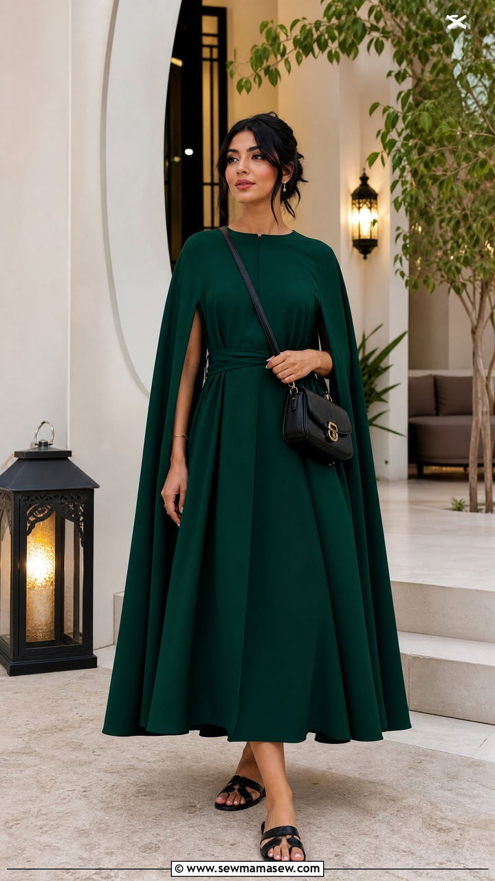 Deep Green Cape Dress With Minimal Sandals - 25 March Ramadan outfit ideas