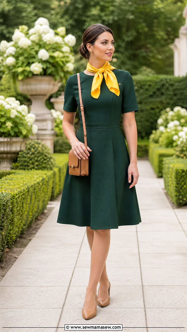 Deep Green Dress With Yellow Scarf - 35 Flight attendant outfit ideas