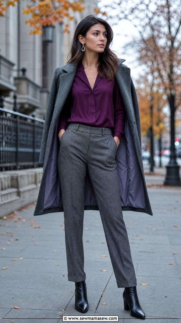 Deep Plum Blouse And Gray Wool Trousers - 30 Cool tone outfit ideas