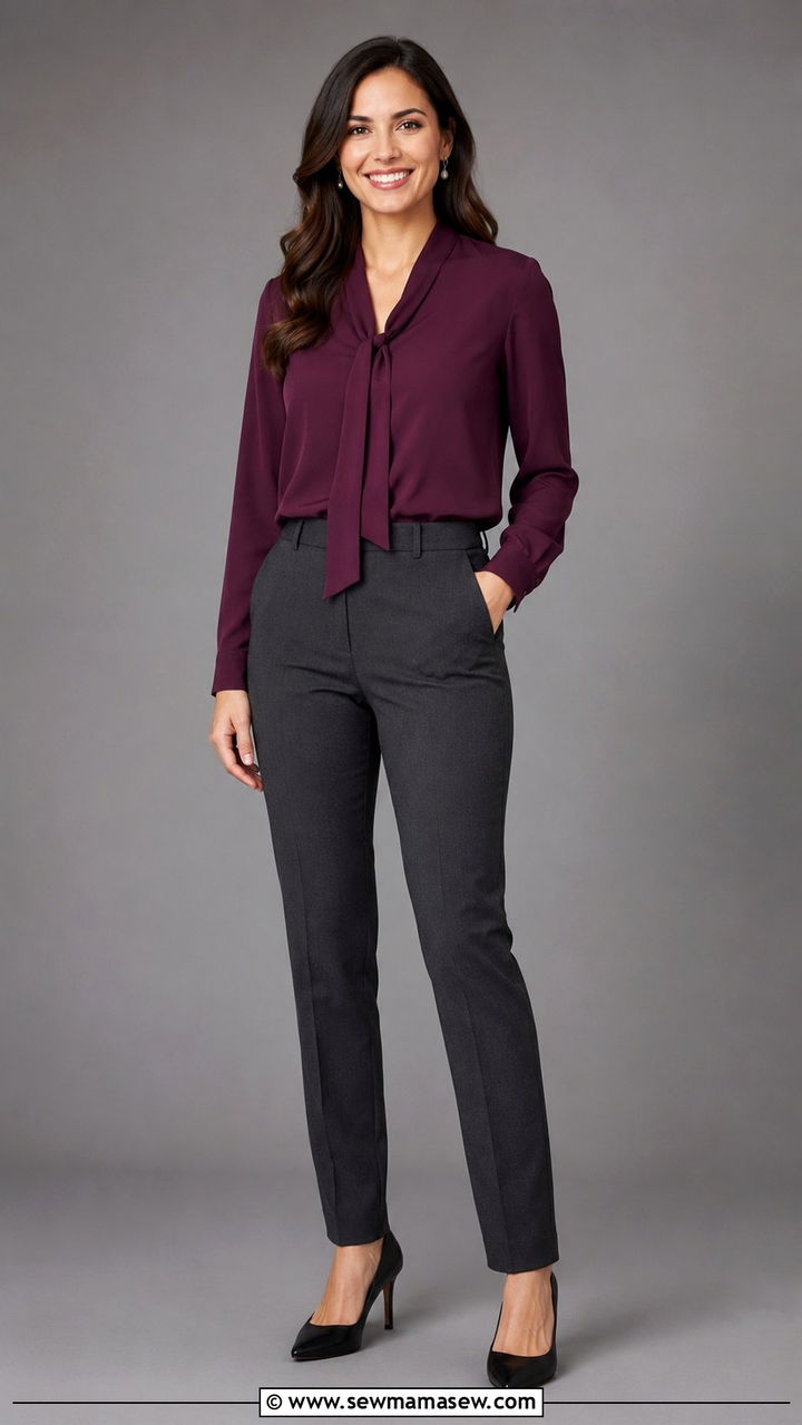 Deep Plum Blouse and Charcoal Pants - 30 Professional headshot outfit ideas for women