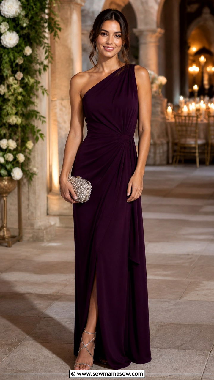 Deep Plum One Shoulder Maxi Dress - 40 Elegant wedding guest outfits