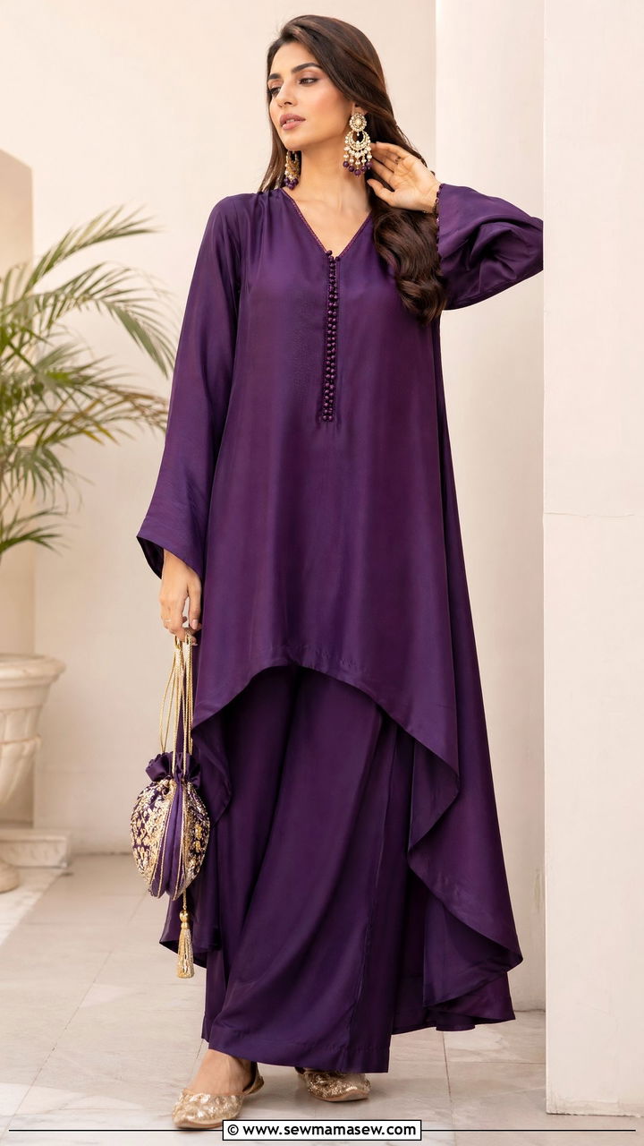 Deep Purple Asymmetrical Kurta with Flared Pants - 35 Eid outfit ideas for moms