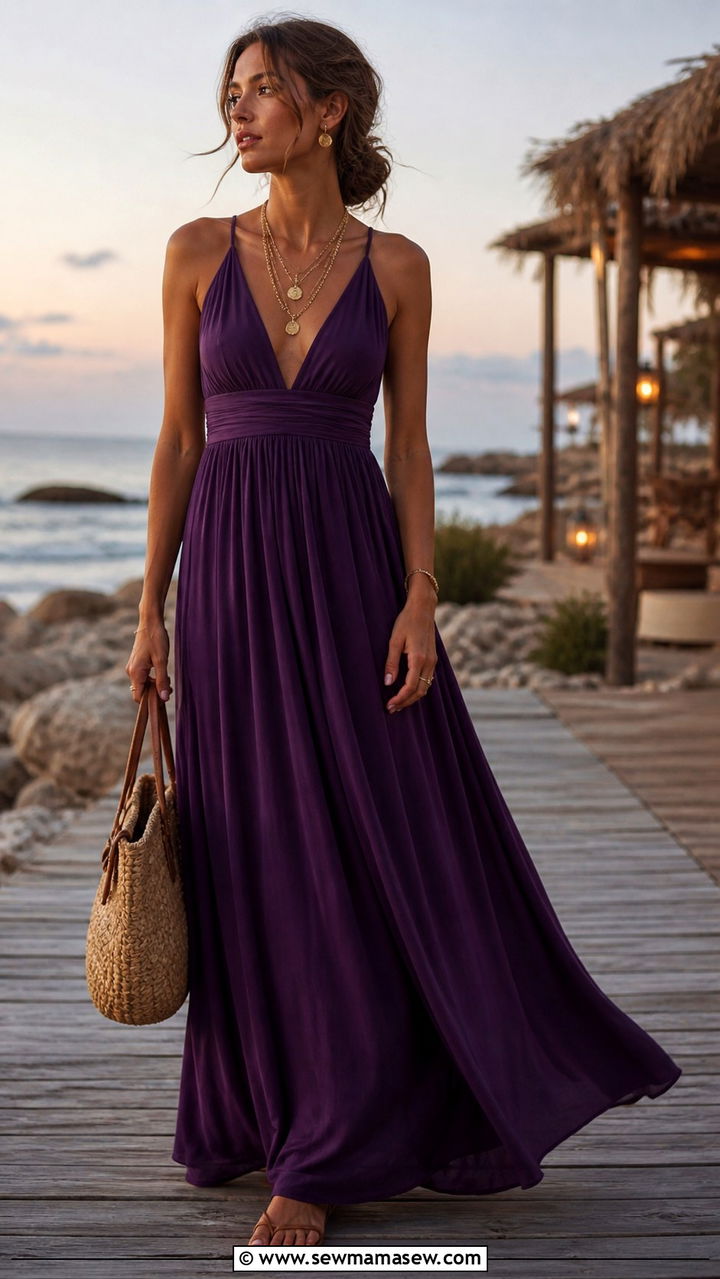 Deep Purple Maxi Dress with Flat Sandals - 40 Purple outfit ideas