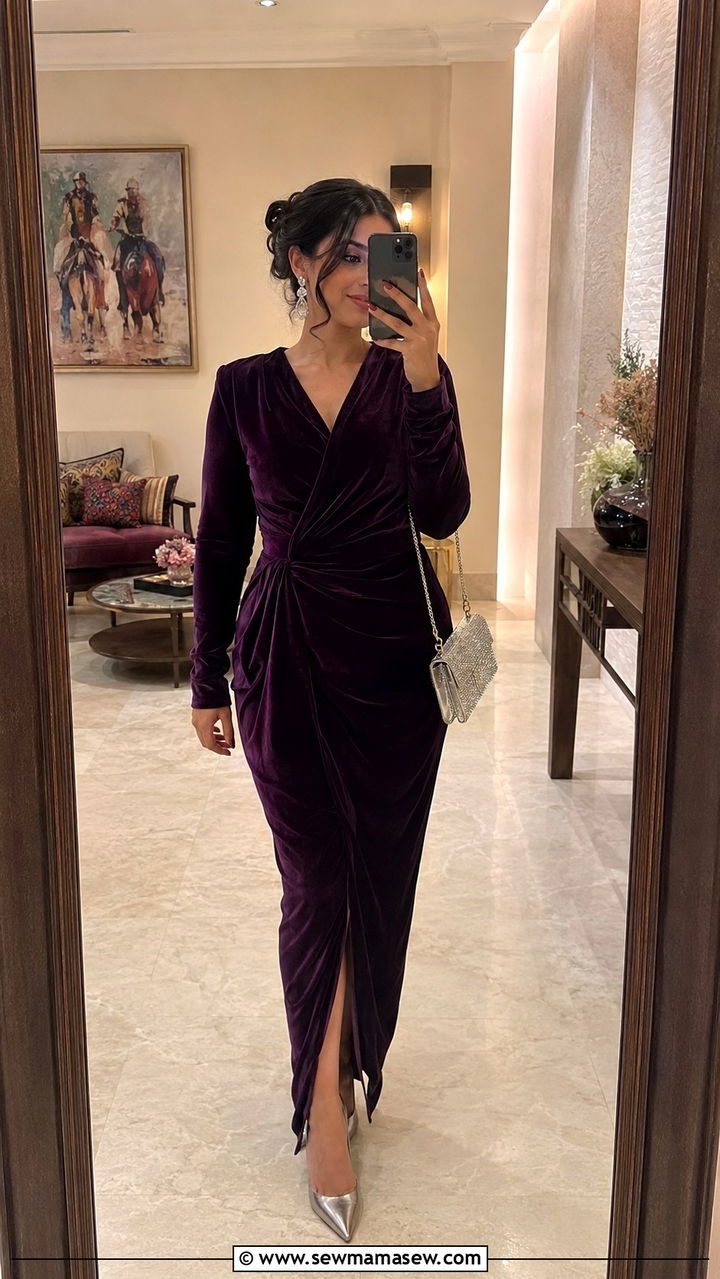 Deep Purple Velvet Wrap Dress with Metallic Pumps - 25 Wedding guest outfit ideas Moroccan wedding