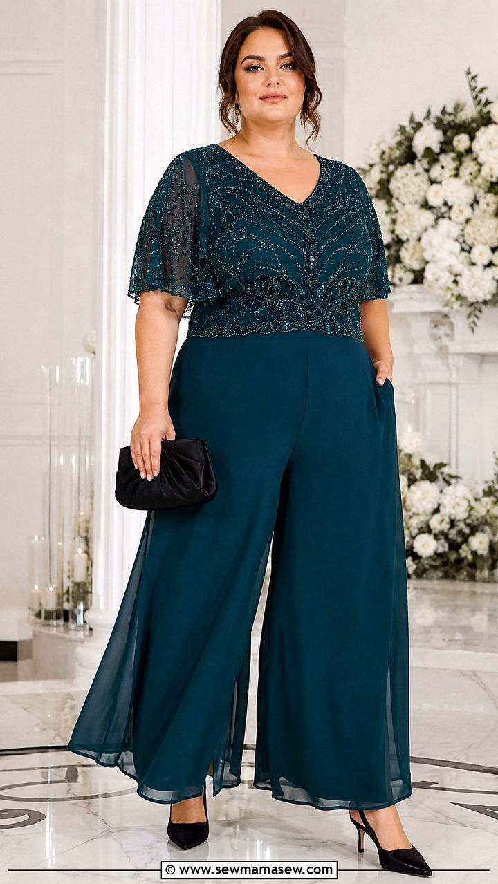Deep Teal Chiffon Palazzo Pants With Embellished Blouse And Black Slingbacks - 25 Wedding guest outfit ideas size 22