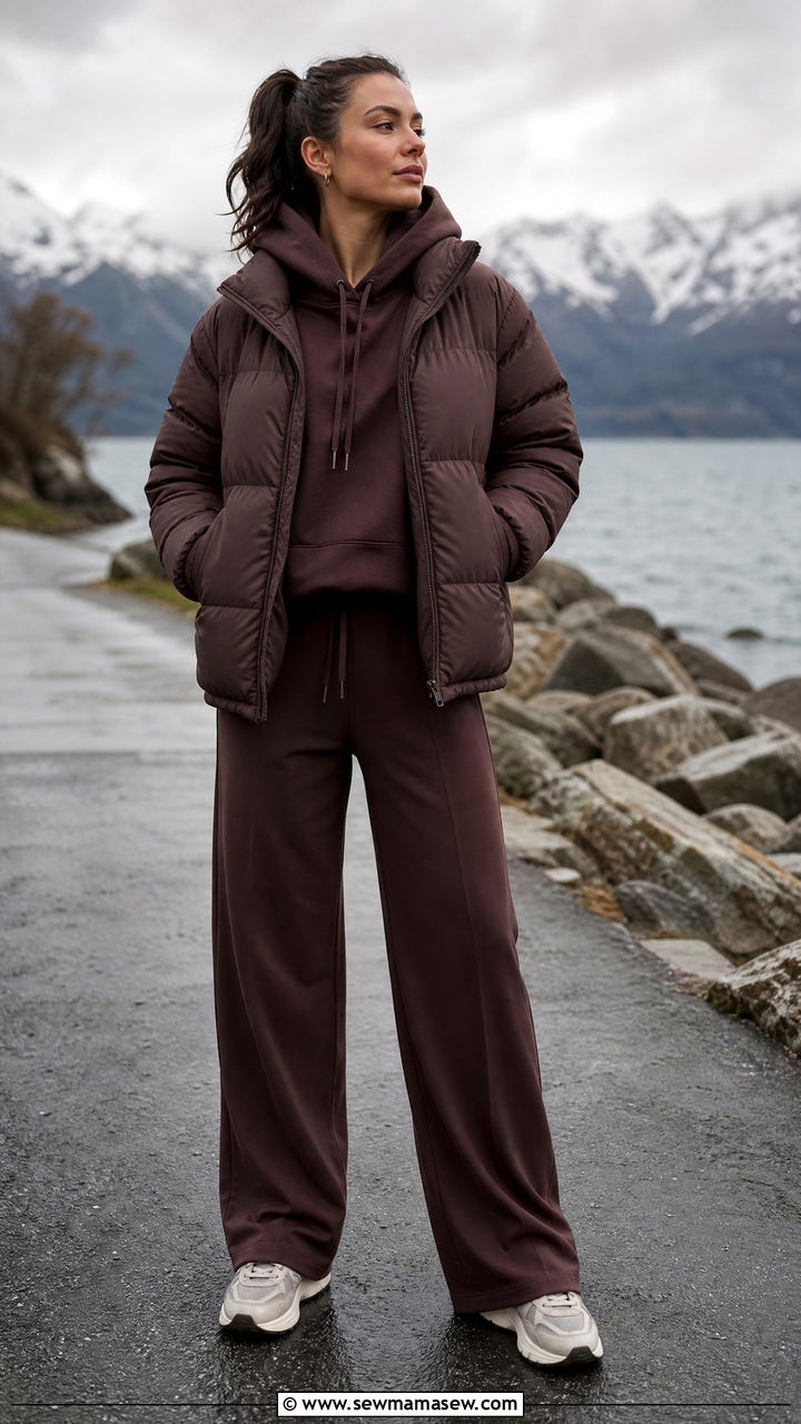 Deep Toned Hoodie With Puffer Jacket And Wide Athletic Pants - 30 spring athleisure outfits
