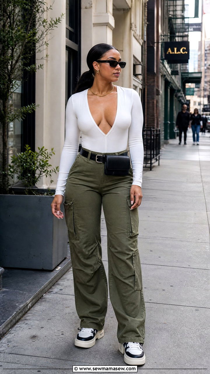 Deep V Neck Bodysuit With Cargo Pants Outfit - 25 Outfit ideas for broad shoulders to balance