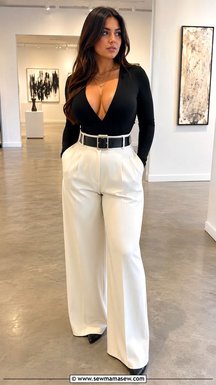 Deep V Neck Bodysuit and High Waisted Trousers Big Bust - 30 Outfit ideas for big bust