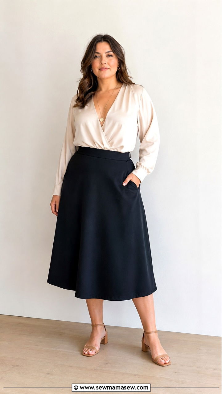 Deep V neck blouse with A line midi skirt - 20 Outfit ideas for cello body shape