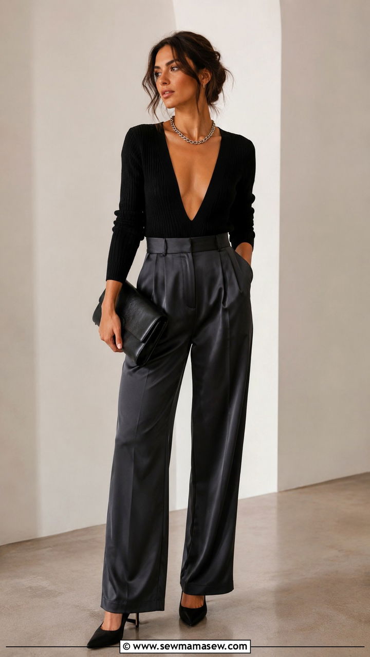 Deep V neck knit with satin trousers and heels - 30 Spring minimalist outfits 2026