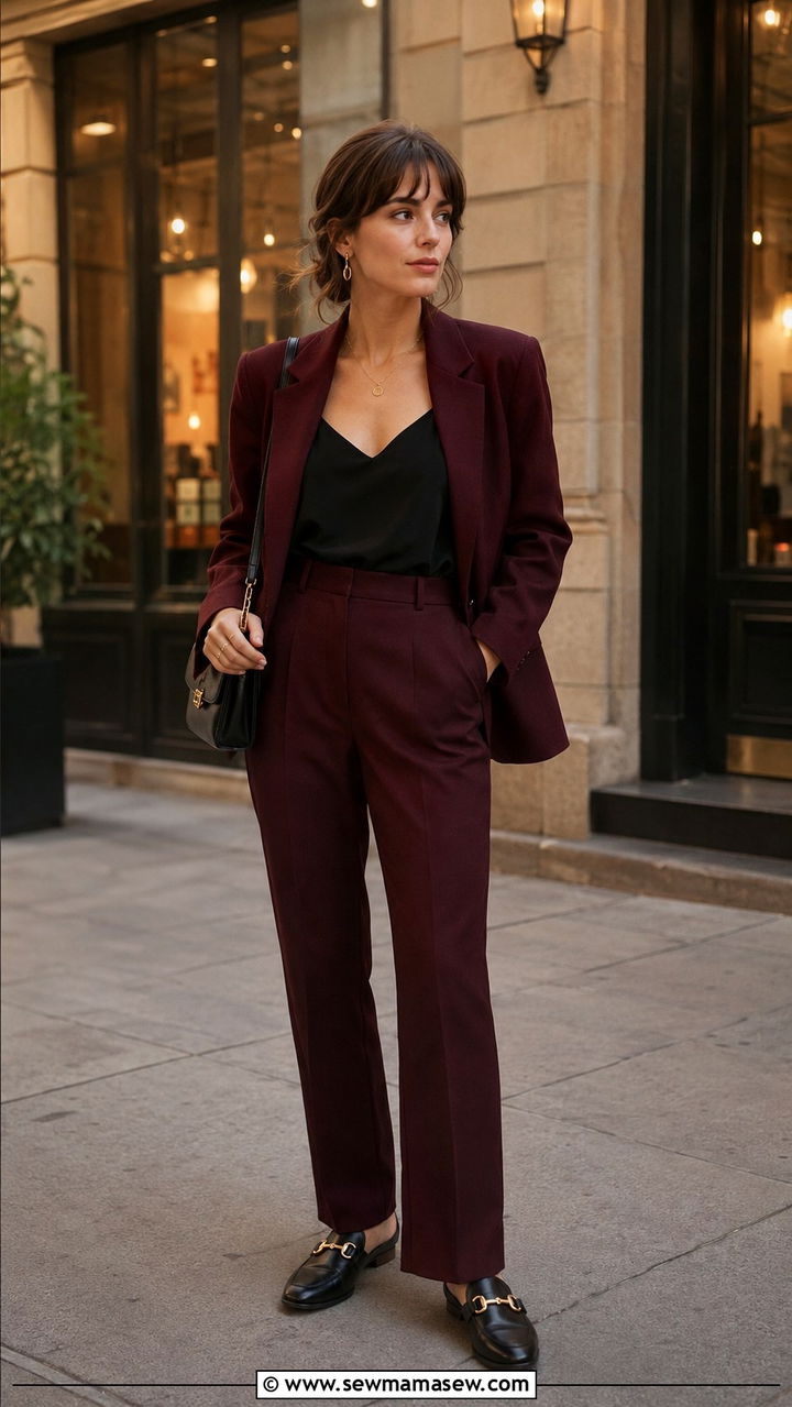 Deep burgundy coordinates set with loafers - 25 Petite French girl outfit ideas
