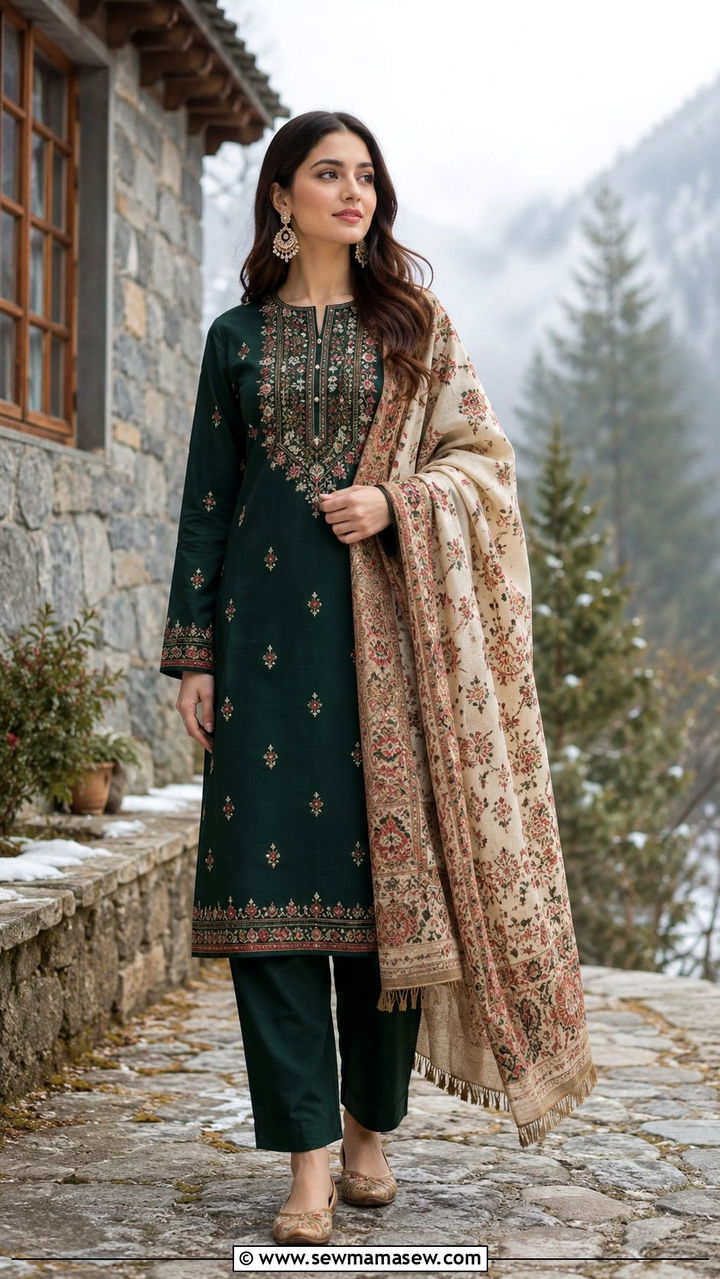 Deep green khaddar suit with printed wool shawl - 30 Lahore outfit ideas