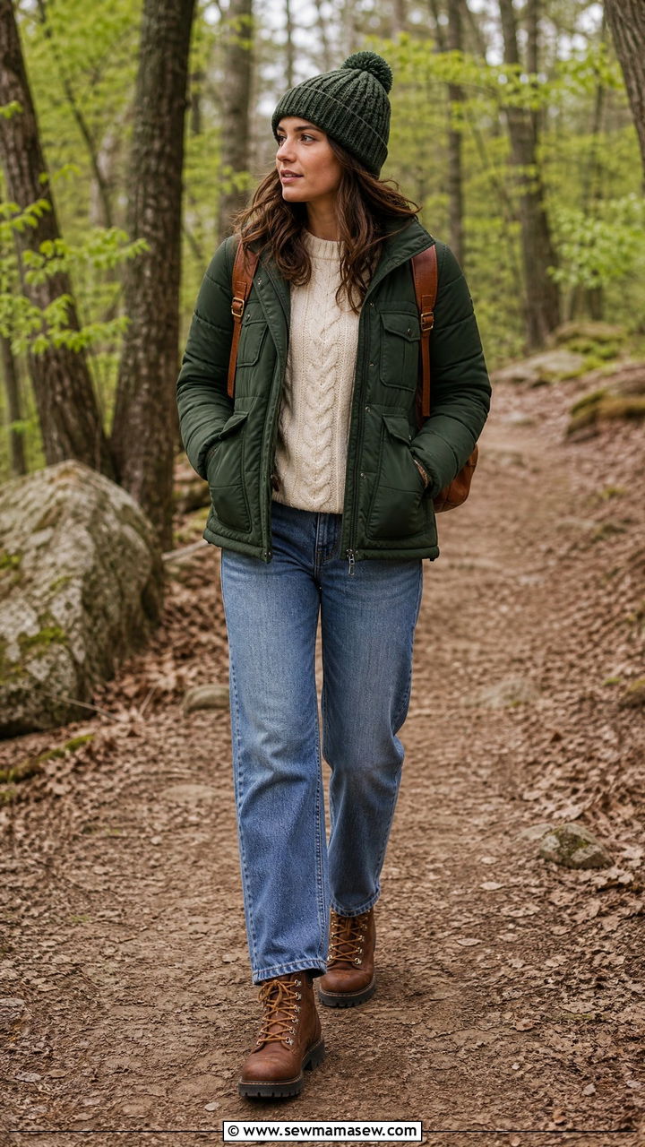 Deep green utility puffer with relaxed straight leg jeans - 25 Spring outfits with puffer jacket