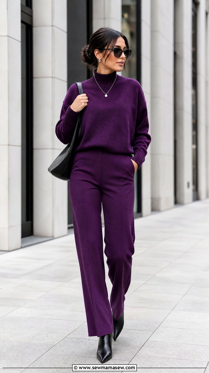 Deep purple knit top and matching high waist trouser set - 25 Matching set outfit ideas bold color