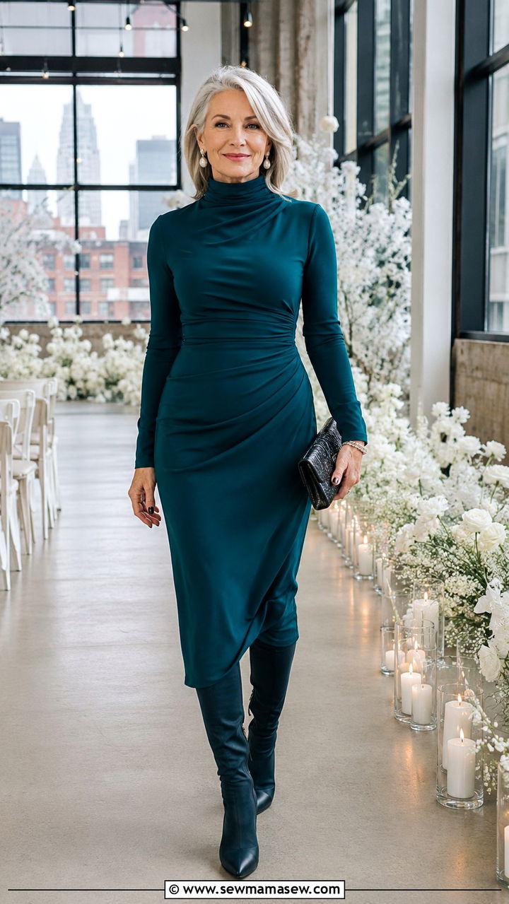 Deep teal long sleeve jersey dress with knee high boots - 25 Wedding guest outfit ideas for 60 year old