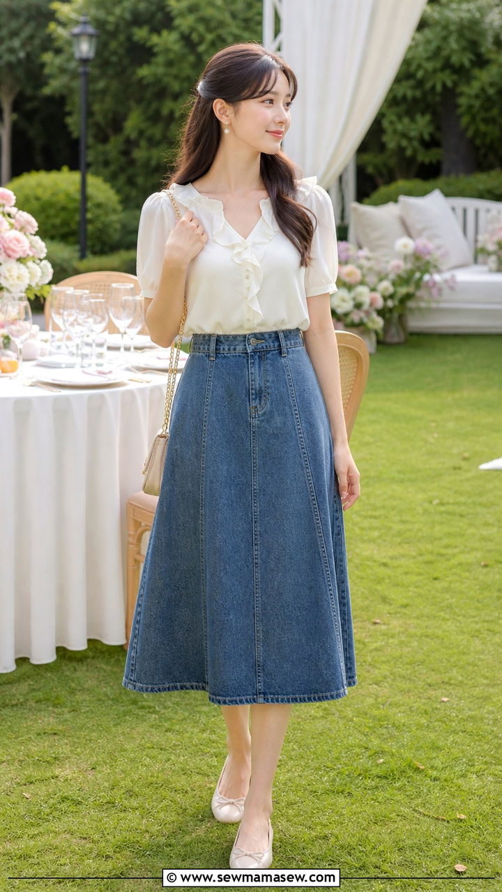 Denim A Line Midi Skirt With Ruffle Top - 40 casual denim skirt outfits