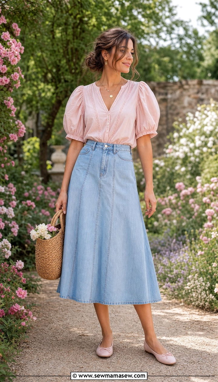 Denim A Line Skirt with Puff Sleeve Top - 25 denim skirt outfits 2026