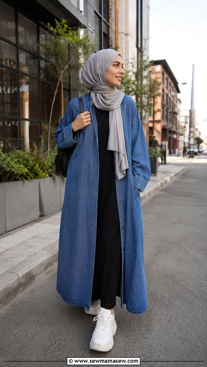 Denim Abaya With Chunky Sneakers - 30 Modest outfit ideas with abaya