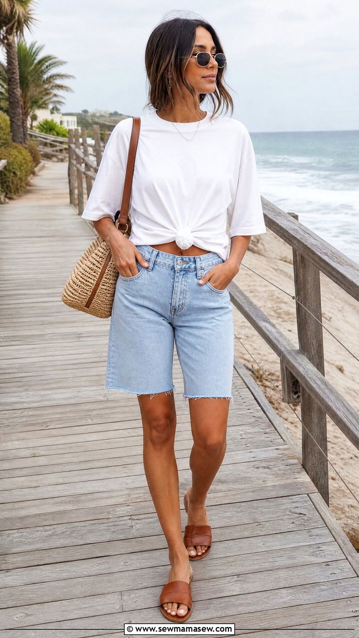 Denim Bermuda Shorts With An Oversized Tee And Slide Sandals - 30 casual trendy outfits