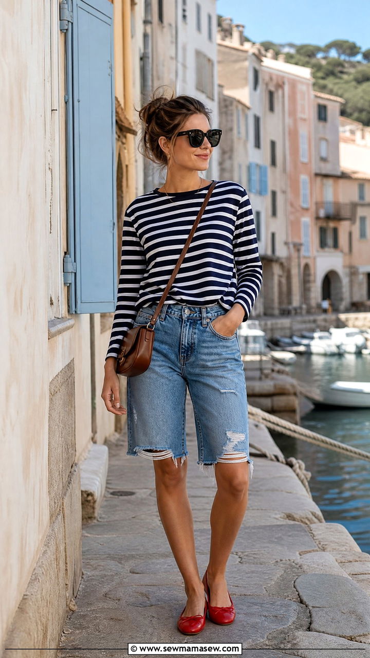 Denim Bermuda Shorts With Breton Tee - 30 Summer outfits with bermuda shorts